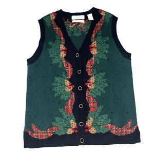 Portraits By Northern Isles Christmas Sweater Vest Hand Embroidered Tartan Plaid